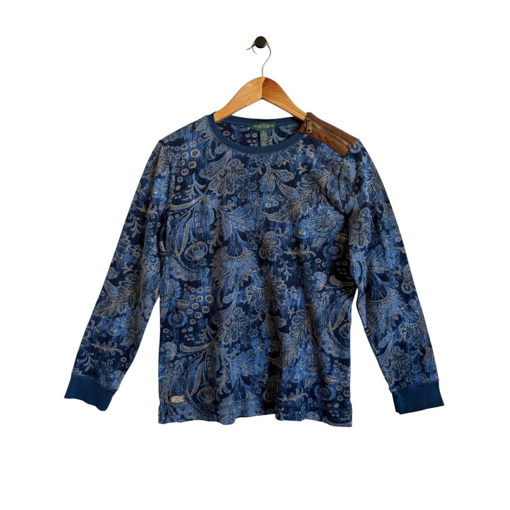 Lauren Jeans Co. Top Paisley Floral Equestrian Preppy Faux Suede Elbow Patch 1x